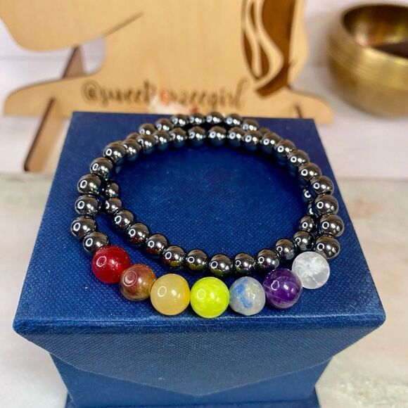 Handmade Hematite Rainbow Chakra Mixed Gemstone Bead Bracelet Set of 2 - Picture 1 of 7